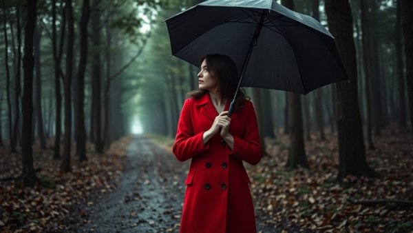Pensive woman in red coat with umbrella standing in a forest.