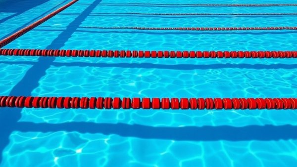 Swimming pool lane dividers, calm water, photorealistic detail.