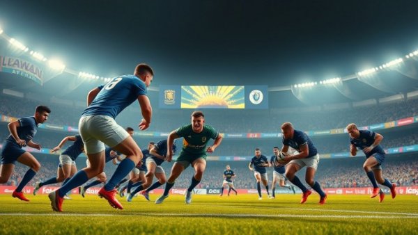 Iconic Rugby Stadiums, intense match scene with players in action.