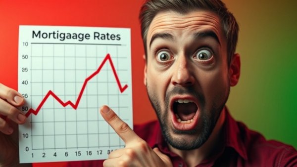 Surprised man points at dropping mortgage rates graph, dramatic scene.
