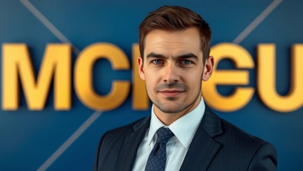 High Performance Leadership in AEC: Businessman in formal attire against a modern blue and gold design.