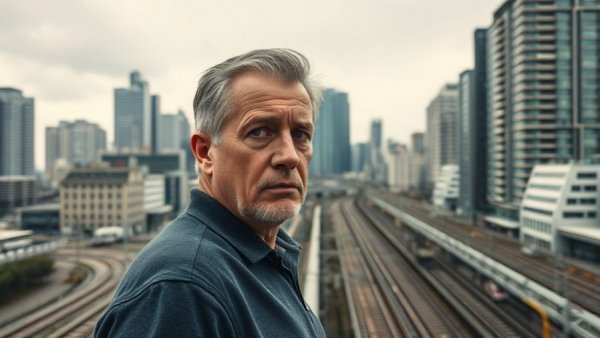 Concerned man overlooking Bangkok cityscape, retirement in Bangkok.