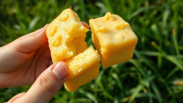 Hands breaking Korean butter tteok in a garden setting in Qatar