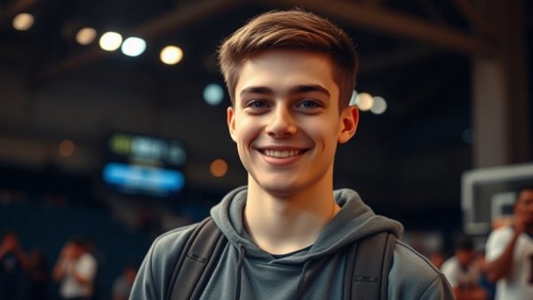 Young athlete smiling confidently in sports event setting.
