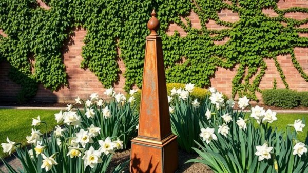 Rusted metal garden obelisk amidst daffodils in lush garden