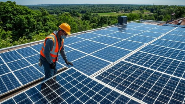 Workers inspecting solar panels on a sunny day
