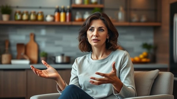 Confident woman explaining a concept in a kitchen setting.