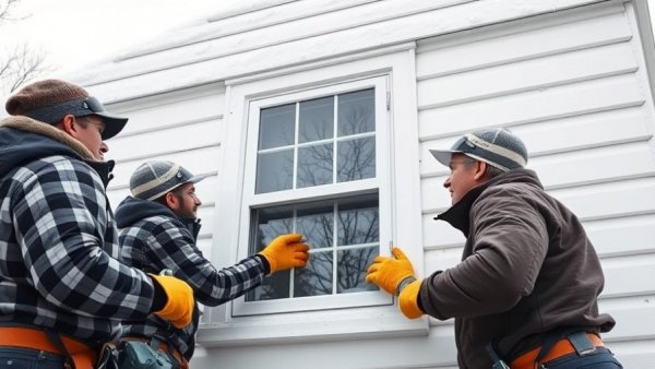 Construction workers installing window on snowy day, window replacement Charlotte.