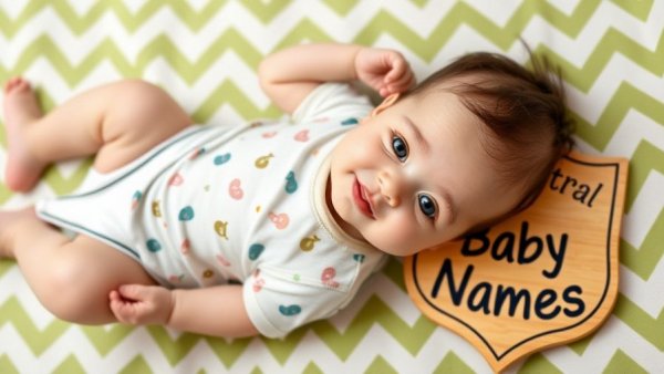 Baby with a 'Gender Neutral Baby Names' shield on a chevron mat.