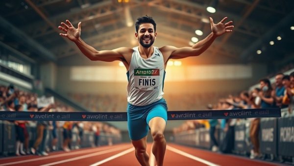 Lachlan Kennedy crossing finish line in 9.96 seconds, triumphant.