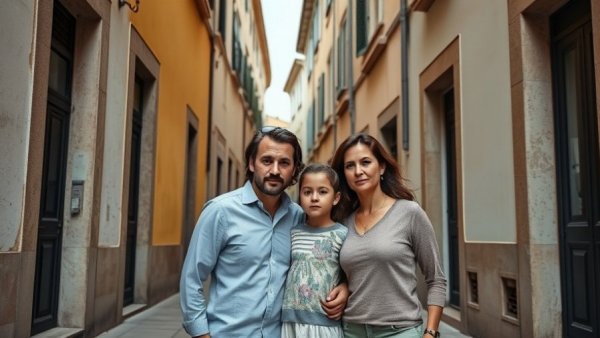 Family in Portugal moving with kids on historic street.