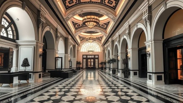 Elegant black and white design in a Shanghai hotel interior, cinematic view.