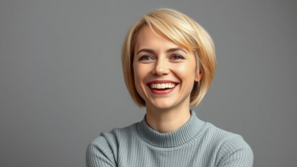 Portrait of a smiling woman with short blonde hair in a beige coat.