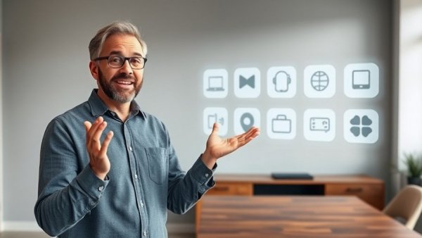 Presenter discussing Home Assistant add-ons with digital icons.