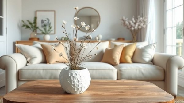 Spring home decor ideas in a bright living room with flowers and pillows.