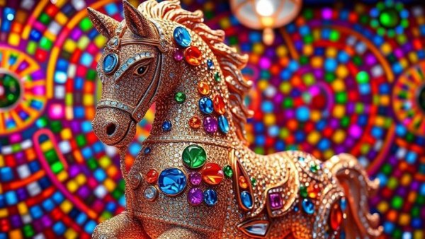 Intricate horse sculpture in Qatar's vibrant gem patterns.