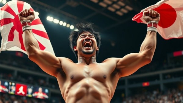 Arash Yoshida Asian gold medal celebration with flag in sports arena.