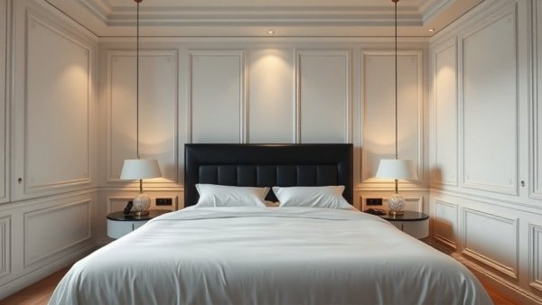 Modern hotel room transformation with elegant decor and lighting.