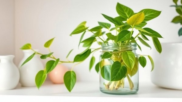 Vibrant pothos cuttings propagating in a glass jar, how to propagate pothos.