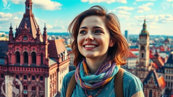 Scenic Munich cityscape with vibrant graphics highlighting cost of living.