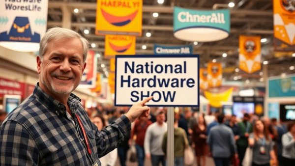 National Hardware Show convention center in Las Vegas with smiling attendee.