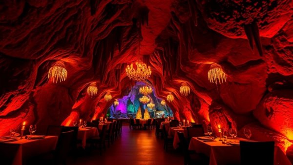 Enchanting dining setup in Ha Long's Dragon Pearl Cave.