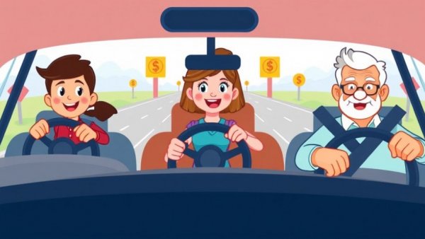 Cartoon depicting car insurance for seniors with age-group drivers.