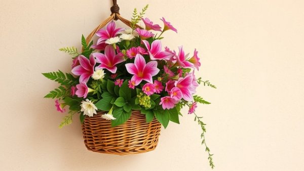 Basket with pink flowers showcasing spring decor trends.
