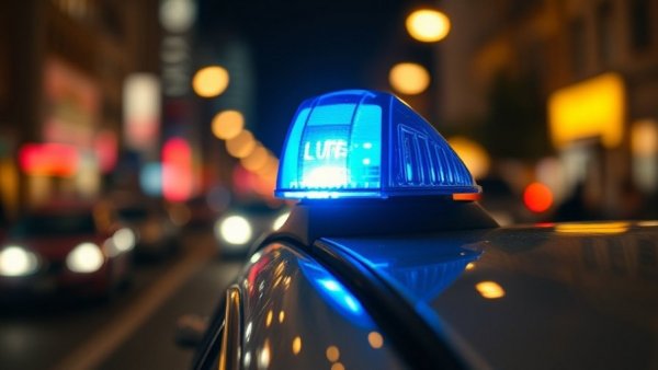 Blue police light flashing, urban night setting, Austrian tax fraud arrest scene.