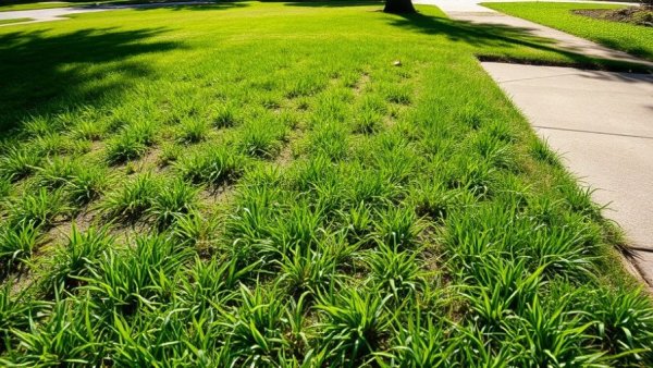 Sunny suburban patchy grass lawn with new growth; low maintenance landscaping ideas.