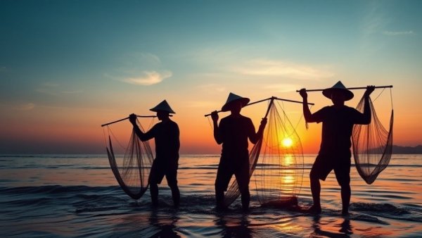 Silhouetted fishermen fishing at sunset, Vietnam in May.
