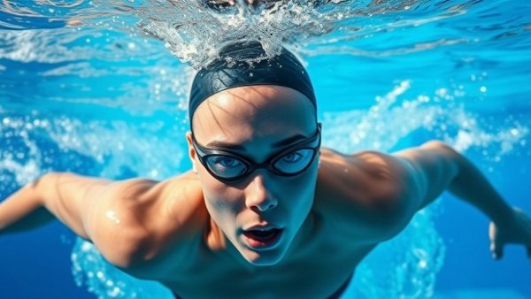 Dynamic underwater shot of a female swimmer performing freestyle.