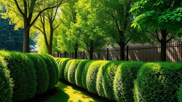 Lush plants for a sunny fence line, ideal garden setting.
