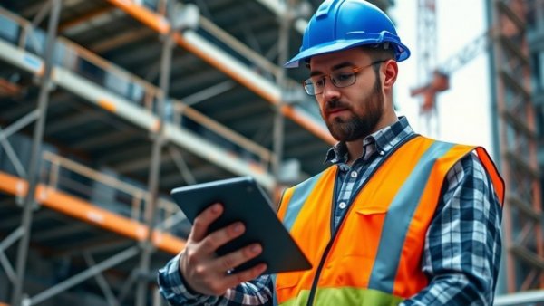 Construction worker using tablet for generative AI scheduling at site