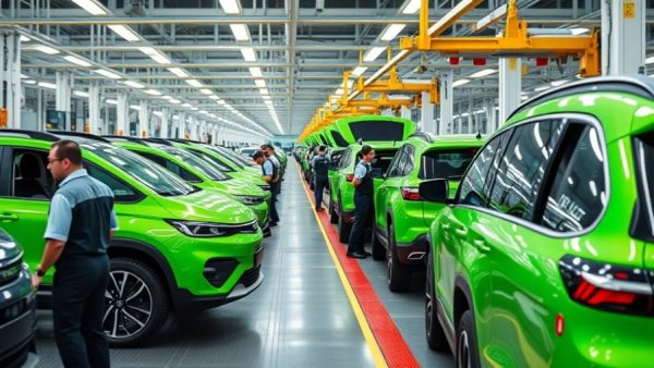 Rivian and Redwood Materials EV plant with assembly line.