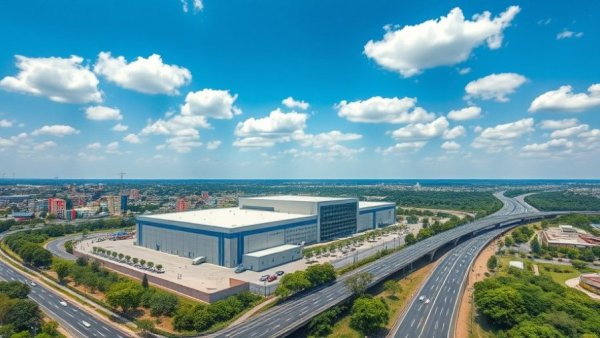 Commercial area with industrial site and highway, March 2026 construction.
