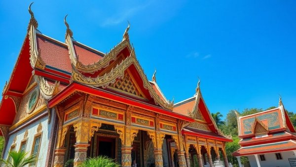 Intricate Thai temple architecture with vibrant carvings under blue sky in May.