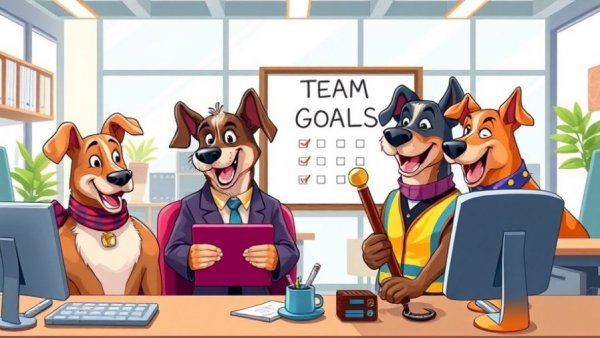 Anthropomorphic dogs depict team dynamics in a lively office.
