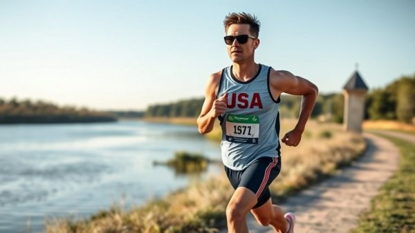 U.S. runner racing at a marathon by a river