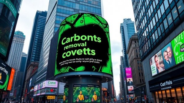 Digital billboard announcing biochar carbon removal agreement in city.