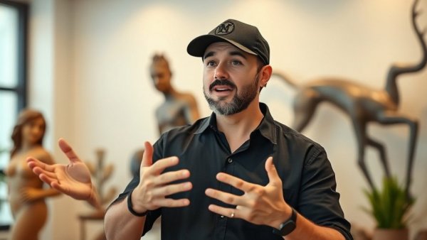 Man presenting packing tips in front of an artistic background indoors.