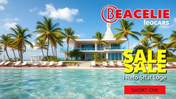 Tropical beachfront homes in Panama with real estate advertisement.