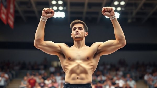 Male gymnast in blue and yellow gear, triumphant pose in arena.