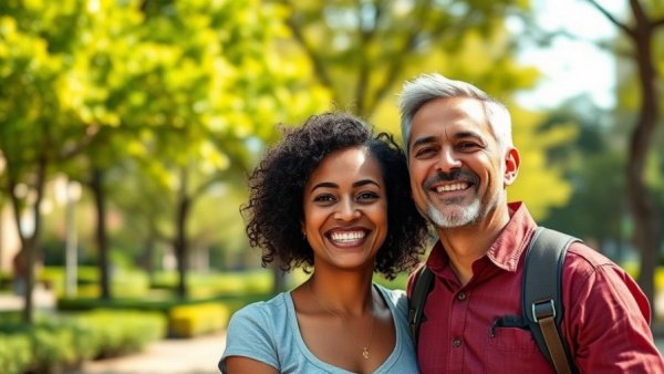 A joyful couple smiling outdoors in a lush green park.