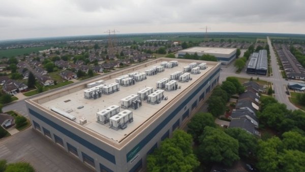 Aerial view of a data center near suburban houses, cities power over data centers.