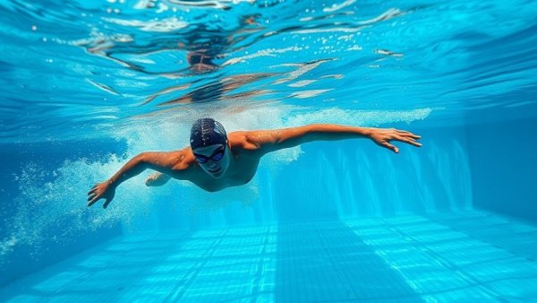 Underwater swimmer practicing catch and pull technique in a pool.