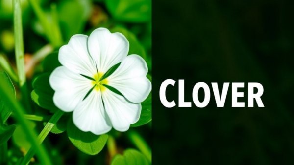 Close-up of clover bloom in lawn with text overlay.