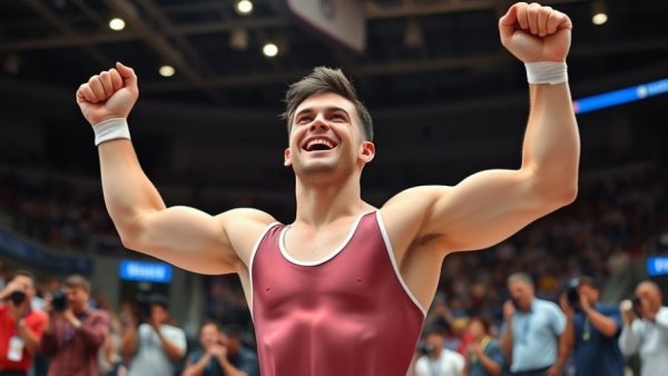 Male gymnast celebrating victory at 2026 All Japan Championships.