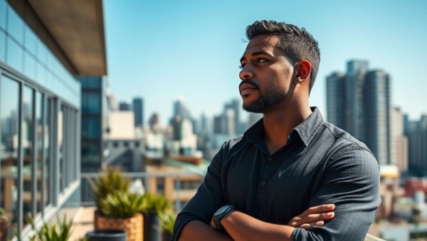 Contemplative person on a balcony overlooking a cityscape.
