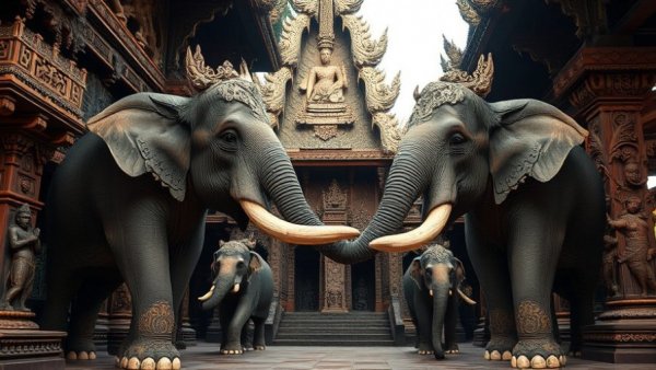 Sanctuary of Truth Thailand wooden carvings and elephants.